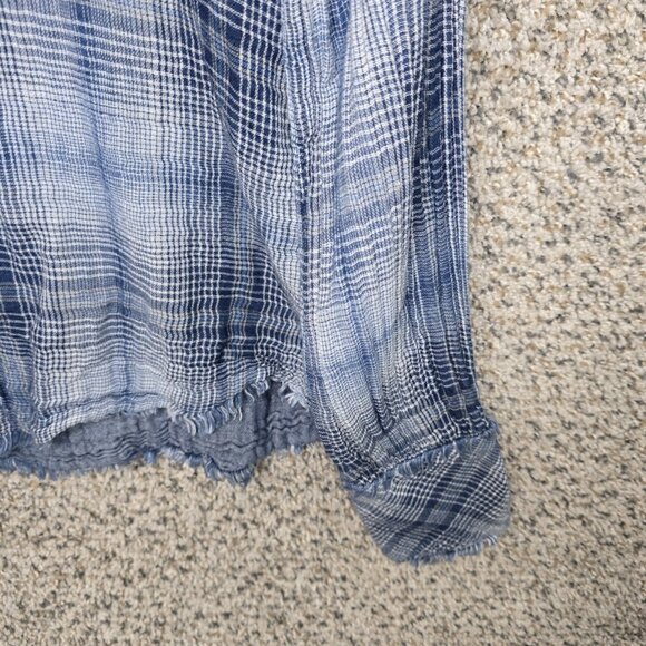 Cloth & Stone Top Womens Small Blue Plaid Button Up Fringe Casual Ladies - Picture 2 of 7